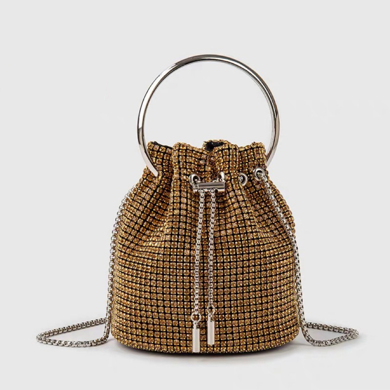 Rhinestone bucket torba – cilindrični oblik, otvaranje šniranjem, najlonska podstava, gradski stil