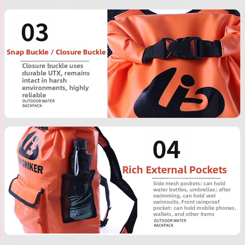 Szabadban használható vízálló táska PVC hálós és tarpaulin anyaggal, kapacitás 20 L alatt, felnőtt uniszex