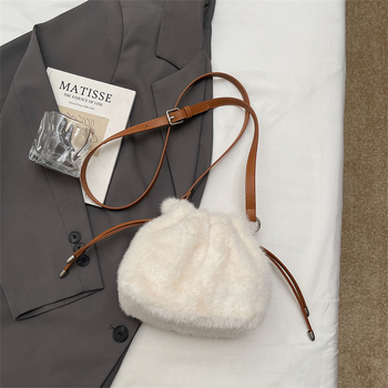 Geantă bucket din pluș, stil proaspăt și dulce, căptușeală poliester, buzunar interior laminat cu fermoar