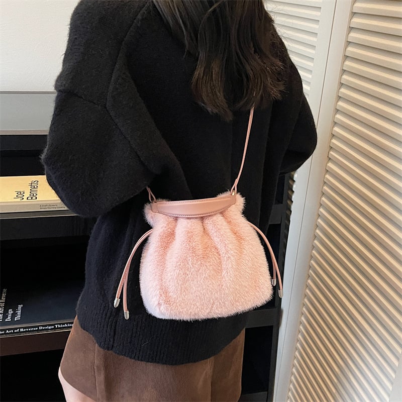 Geantă bucket din pluș, stil proaspăt și dulce, căptușeală poliester, buzunar interior laminat cu fermoar