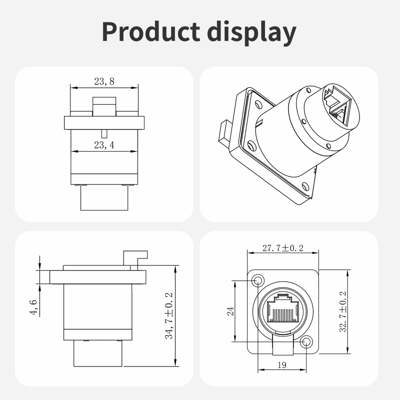 RJ45 gigabīta tīkla savienotājs ar D tipa paneļa montāžu, sieviete-sieviete, modelis ETH6L, 500 ievietošanas-izņemšanas cikli