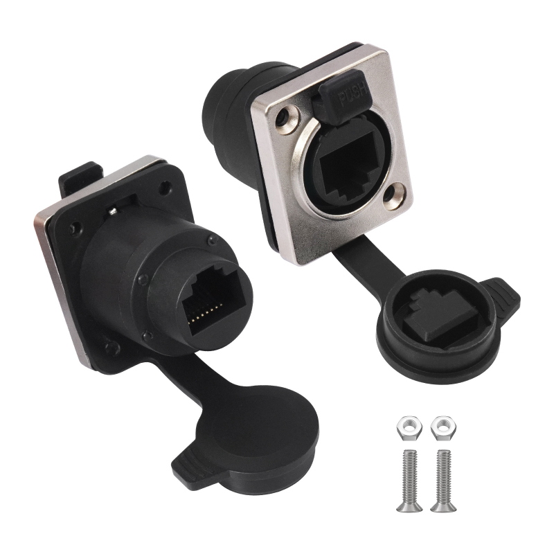 RJ45 gigabīta tīkla savienotājs ar D tipa paneļa montāžu, sieviete-sieviete, modelis ETH6L, 500 ievietošanas-izņemšanas cikli