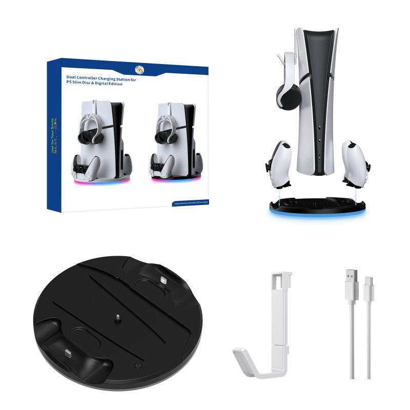 Bază de stocare pentru PS5 Slim și încărcător de controlere, interfață USB-C, material ABS, compatibil cu PS5 Slim, bază compactă