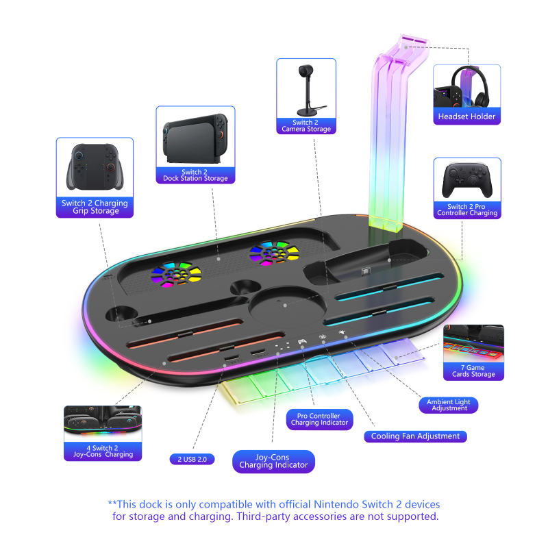 Stație Switch 2 cu spațiu de depozitare și bază de încărcare pentru Joypad, iluminare RGB