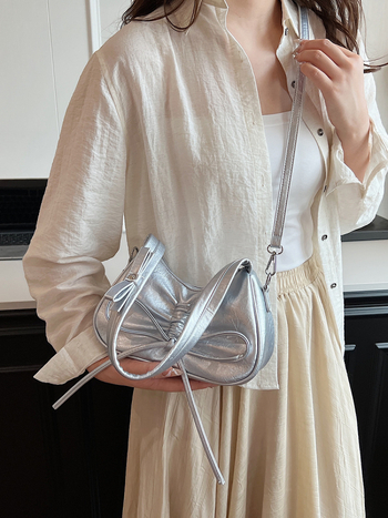 Geantă de umăr PU în stil Dumpling - Formă de tip dumpling, Închidere cu fermoar, buzunar interior cu fermoar și buzunar pentru telefon