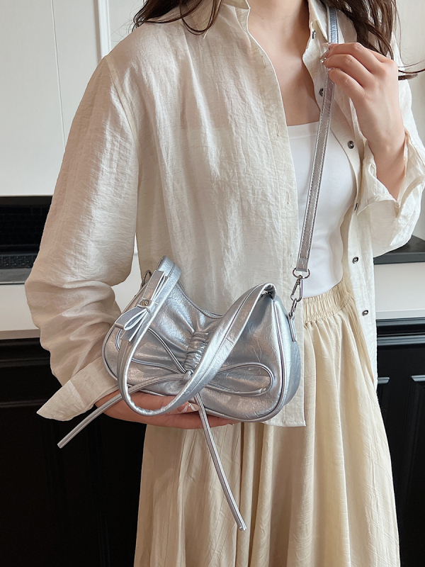 Geantă de umăr PU în stil Dumpling - Formă de tip dumpling, Închidere cu fermoar, buzunar interior cu fermoar și buzunar pentru telefon