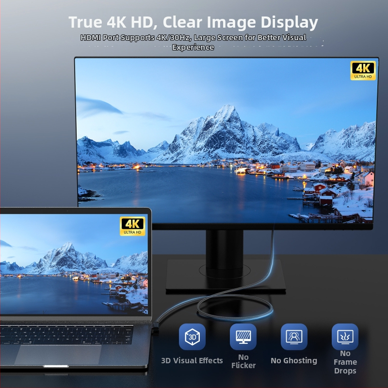 Kábel Type-C na HDMI, uhlový, 4K30Hz, 2m, niklovo potiahnutý bezkyslíkatý meď