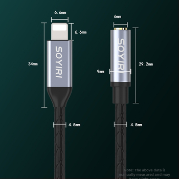SOYIRI Lightning na 3,5 mm slúchadlový adaptér — zlaté konektory, vodič z bezoxidovej medi, ROHS certifikovaný