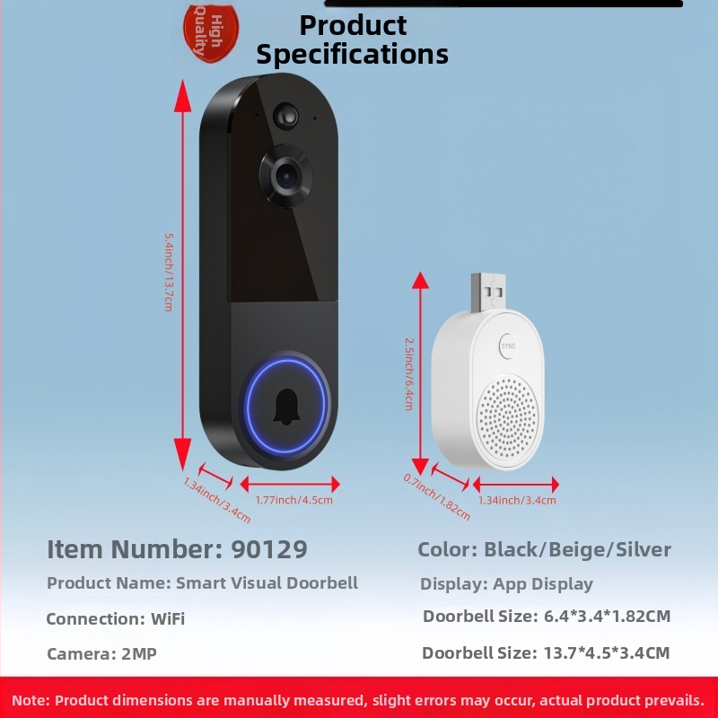 Redzams durvju zvans ar kameru mājas uzraudzībai — bezvadu, reāllaiks, nakts skats; 18650 akumulators, 3,7 V, modelis 90129-1, Ringtone: Ding Dong
