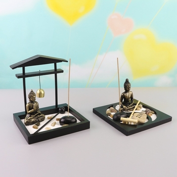 Budas figūra no sveķiem un koka – mikro ainava dekors, Zen smilšu trauciņš, abstrakts Ķīnas stils, sveķu process
