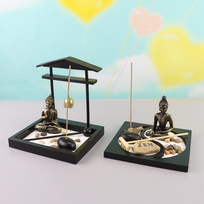 Budas figūra no sveķiem un koka – mikro ainava dekors, Zen smilšu trauciņš, abstrakts Ķīnas stils, sveķu process