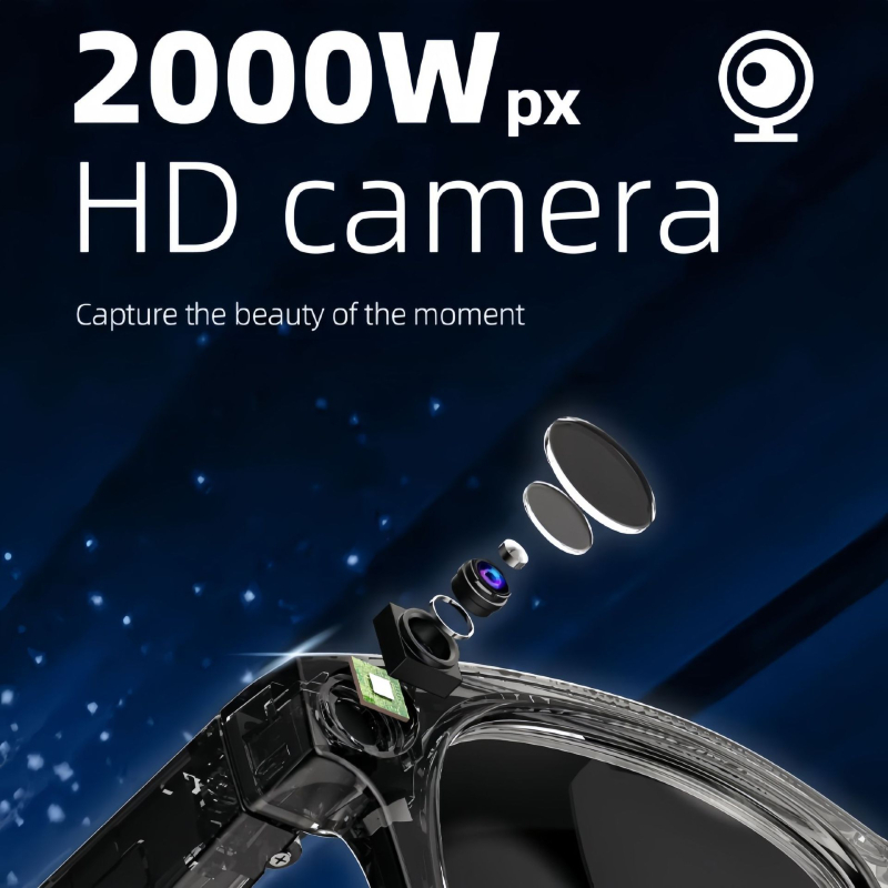 Ochelari inteligenți AI cu cameră de 20 MP, 32 GB memorie, baterie 390 mAh, greutate 42 g, rază wireless 5–10 m