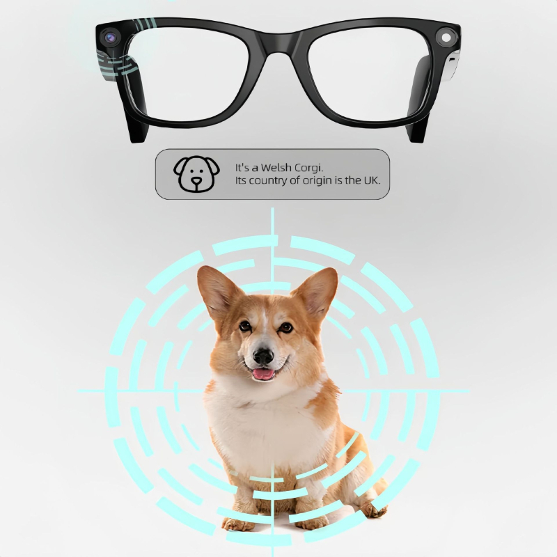 Ochelari inteligenți AI cu cameră de 20 MP, 32 GB memorie, baterie 390 mAh, greutate 42 g, rază wireless 5–10 m