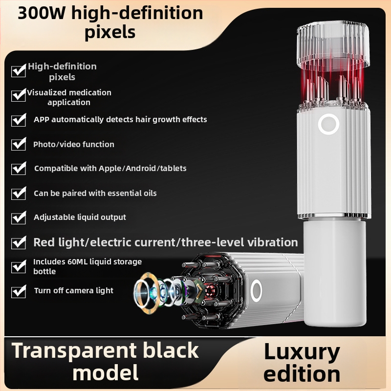 Vizualais galvas ādas aplikators ar HD kameru, mikrostrāvas masāža, 3 pakāpes vibrācija, sarkanās gaismas terapija; modelis YC-2418(C8); svars 275 g; komplektā masāžas aplikators, datu kabelis, instrukcijas