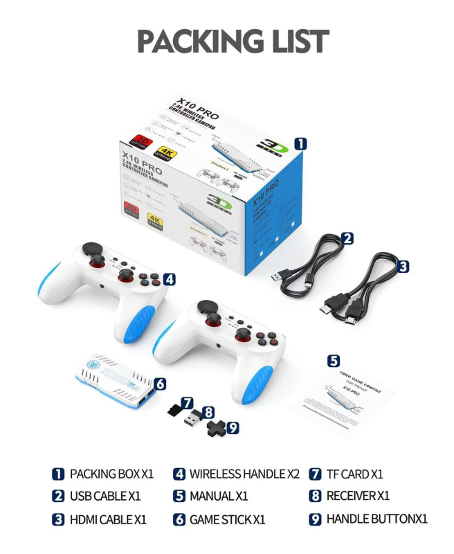 X10 TV spēļu kaste — 128GB atmiņa, HDMI interfeiss, bezvadu vadības pults, MP3 atskaņotājs, divu spēlētāju atbalsts