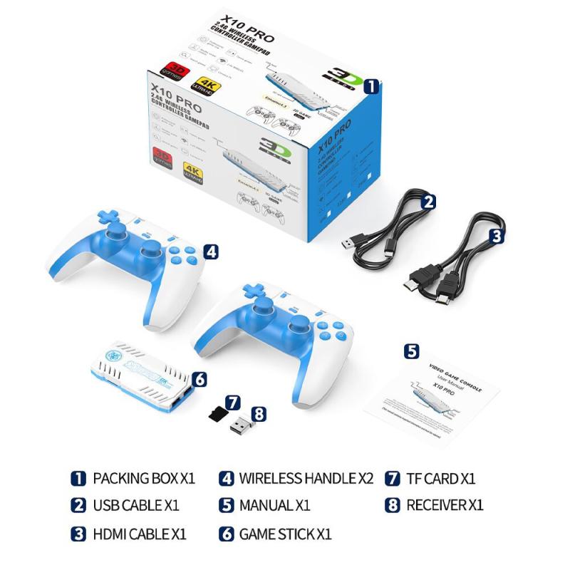 X10 TV spēļu kaste — 128GB atmiņa, HDMI interfeiss, bezvadu vadības pults, MP3 atskaņotājs, divu spēlētāju atbalsts