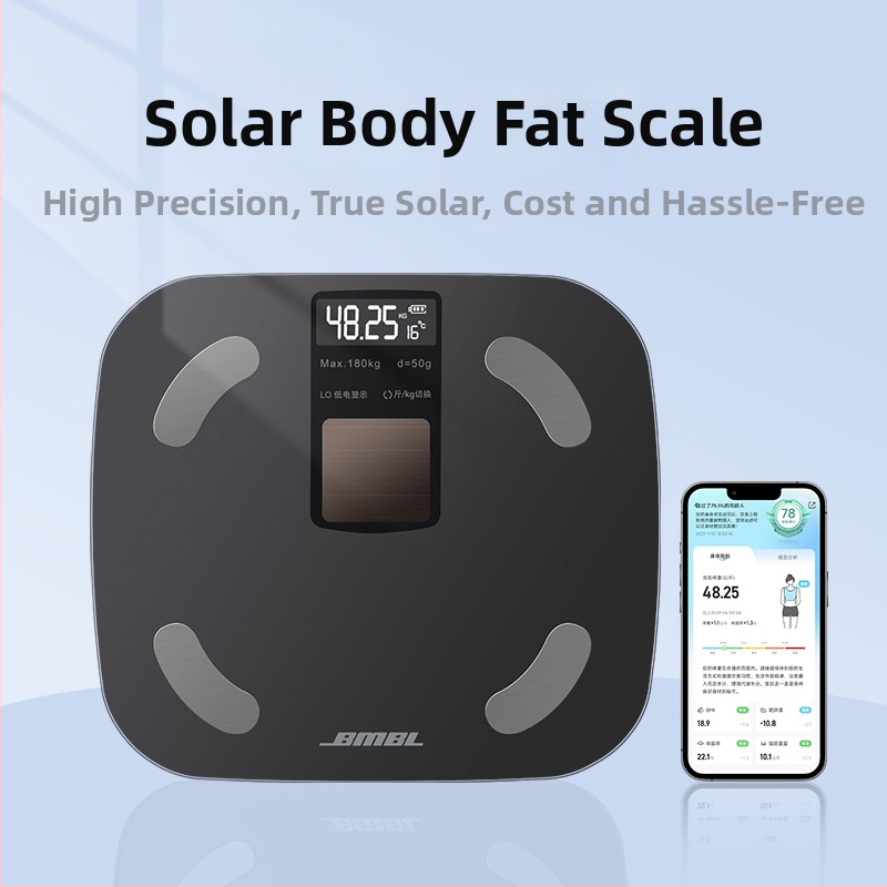 Cântar corporal cu Bluetooth și aplicație — alimentare solară, afișaj LCD, senzor de înaltă precizie tip E, sticlă securizată