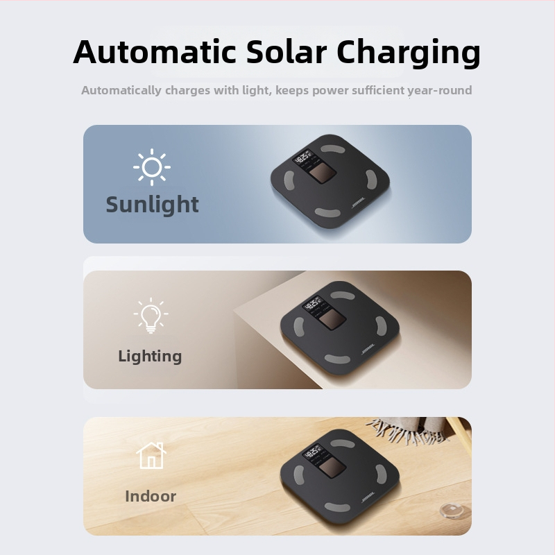 Cântar corporal cu Bluetooth și aplicație — alimentare solară, afișaj LCD, senzor de înaltă precizie tip E, sticlă securizată