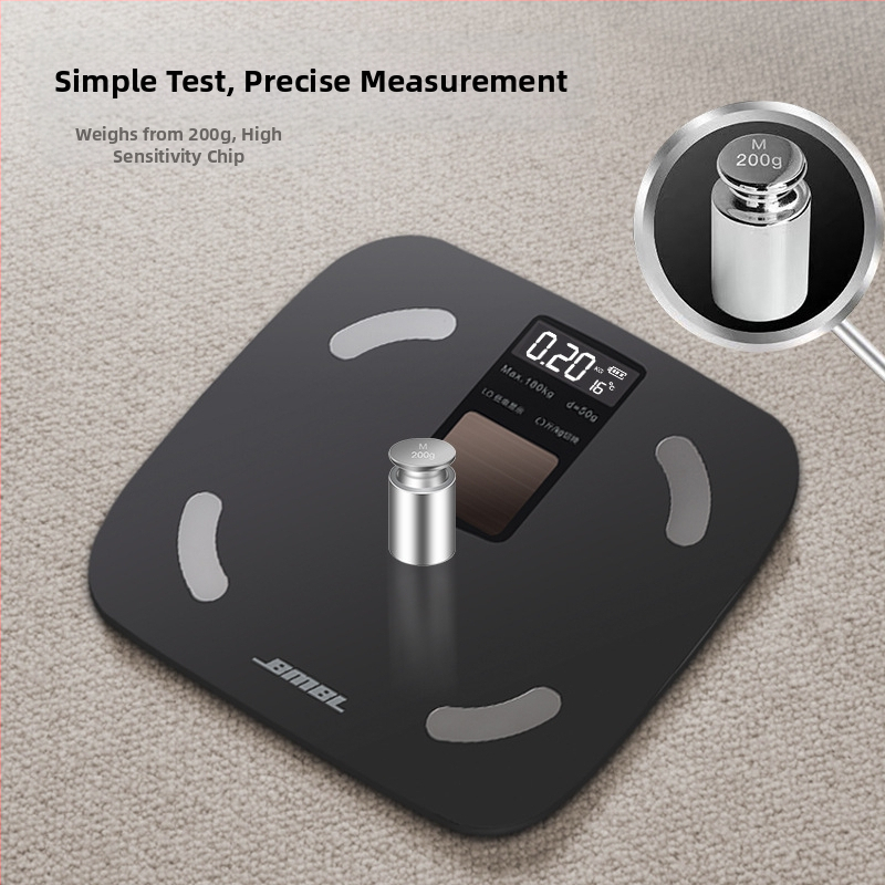 Cântar corporal cu Bluetooth și aplicație — alimentare solară, afișaj LCD, senzor de înaltă precizie tip E, sticlă securizată