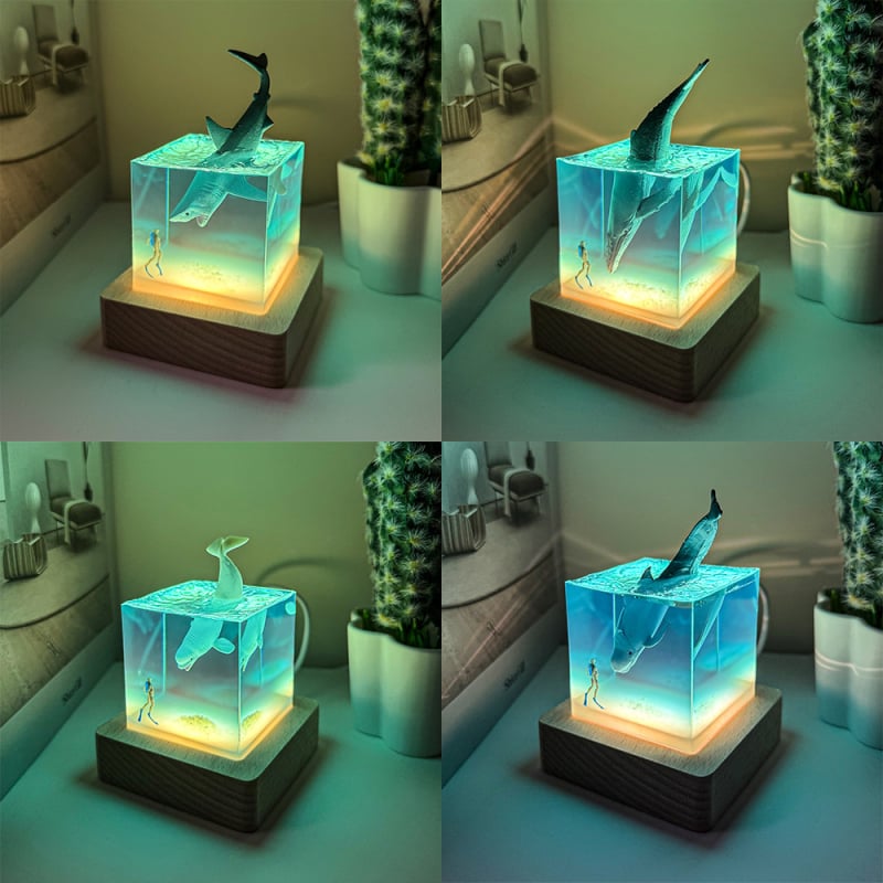 Epoxigyanta éjszakai lámpa tengeri cet motívummal, modern minimalist design asztali dekoráció