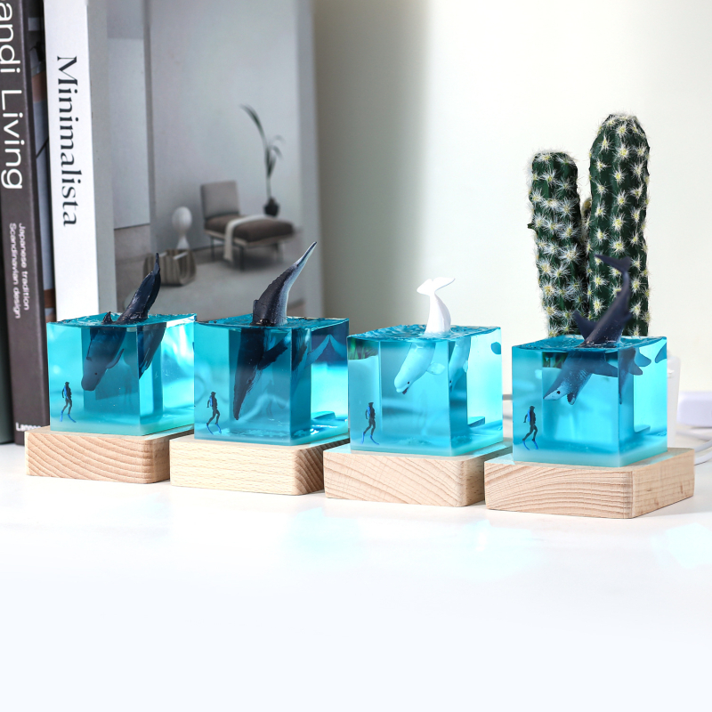Epoxigyanta éjszakai lámpa tengeri cet motívummal, modern minimalist design asztali dekoráció