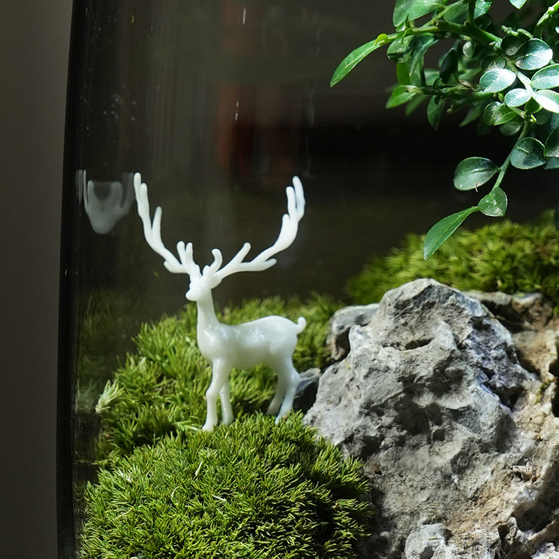 Stikla ornament s sūnu mikropeizāžu – briežu meža stils, augu prasmes, putu kastes iepakojums