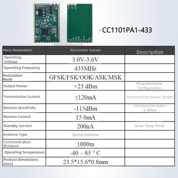 CC1101 RF SPI 433MHz transceiver modulis ar augstu jaudu PA/LNA industrijas vadībai un bezvadu sensoriem