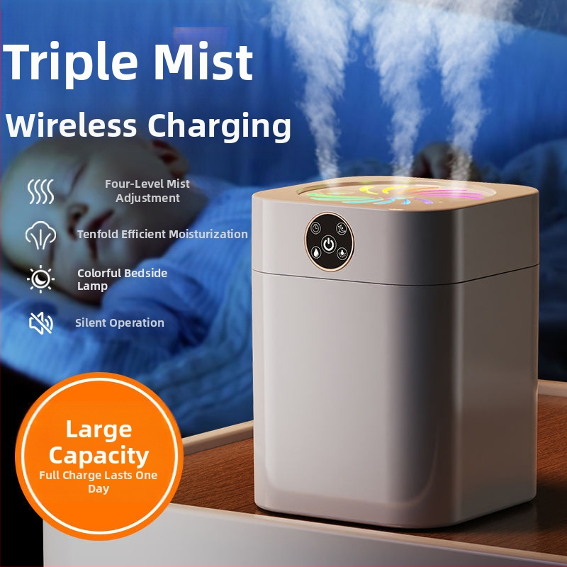 Miegamojo drėkintojas tyliai veikia, 10 litrų talpa, 3 miglos išėjimai, aromaterapijos funkcija, išjungimo apsauga, maitinimas iš sausųjų baterijų, nerūdijančio plieno korpusas