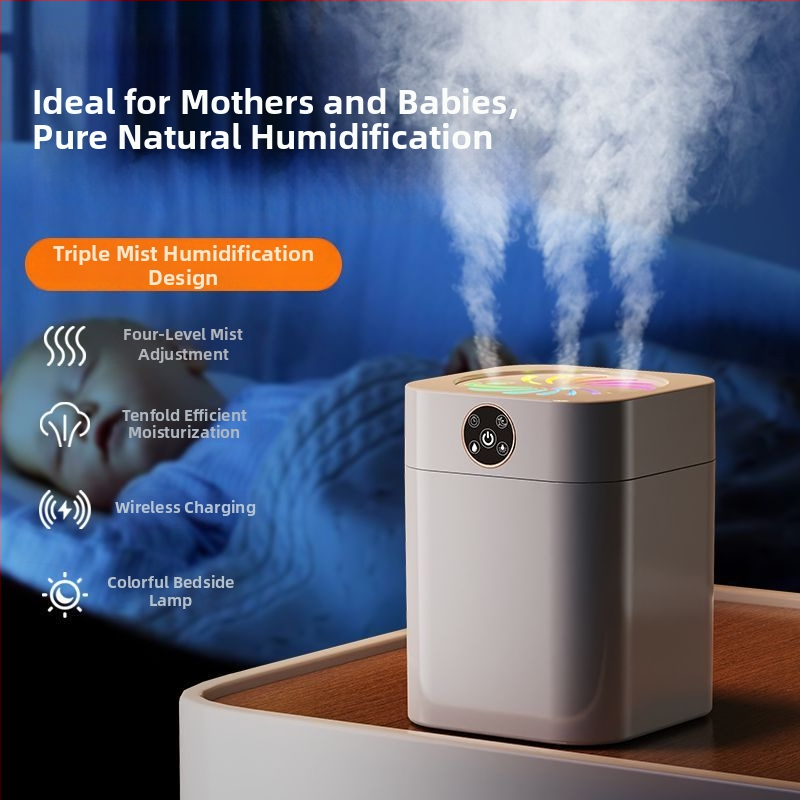 Guļamistabas gaisa mitrinātājs klusu darbībā, 10 litru tvertne, 3 miglas izplūdes, aromaterapijas funkcija, izslēgšanas aizsardzība, darbība ar sausām baterijām, nerūsējoša tērauda korpuss