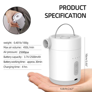 Vanjska prijenosna električna pumpa za zrak sa svjetlom, USB punjenje, protok zraka >70 L/min, radno vrijeme >20 minuta, kompaktni dizajn s jednim cilindrom
