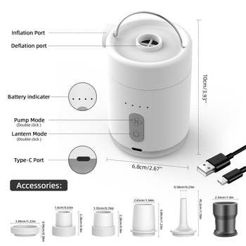 Vanjska prijenosna električna pumpa za zrak sa svjetlom, USB punjenje, protok zraka >70 L/min, radno vrijeme >20 minuta, kompaktni dizajn s jednim cilindrom