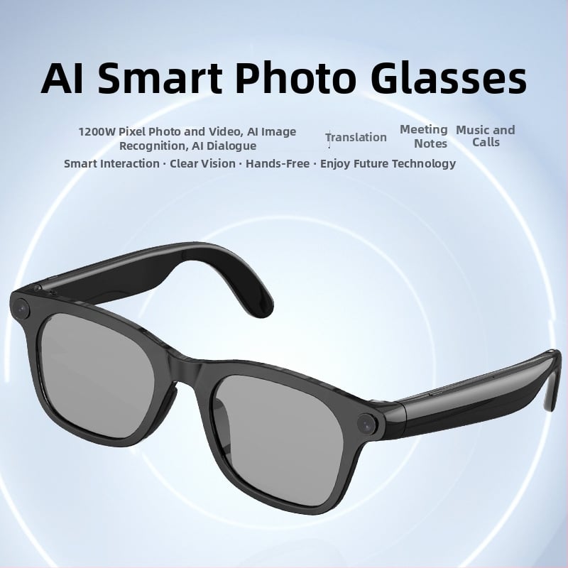 AI intelligens fordító Bluetooth szemüveg, 12 MP kamera, 32 GB eMMC tárhely, Duál mikrofonok, Zajcsökkentés, Fejre szerelhető
