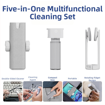 Pārvietojams tīrīšanas komplekts brillēm un ierīcēm — 5-in-1 universālais tīrīšanas komplekts, modelis QJ033, OEM, 18 g, iepakojums 10
