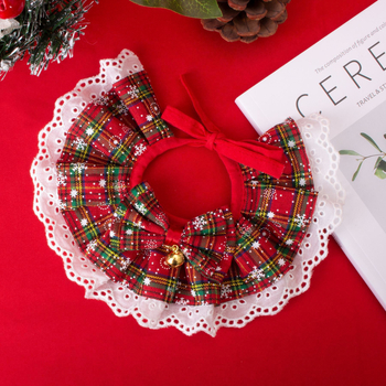 Accesoriu pentru animale de companie: Papion-bib de Crăciun cu clopoțel, model pătrățeles, material bumbac-poliester, cosplay dantelat