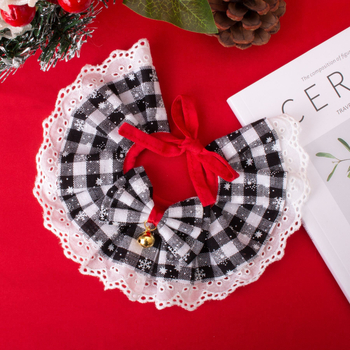 Accesoriu pentru animale de companie: Papion-bib de Crăciun cu clopoțel, model pătrățeles, material bumbac-poliester, cosplay dantelat