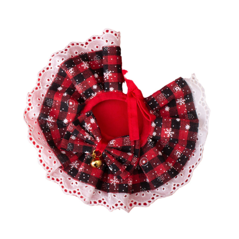 Accesoriu pentru animale de companie: Papion-bib de Crăciun cu clopoțel, model pătrățeles, material bumbac-poliester, cosplay dantelat