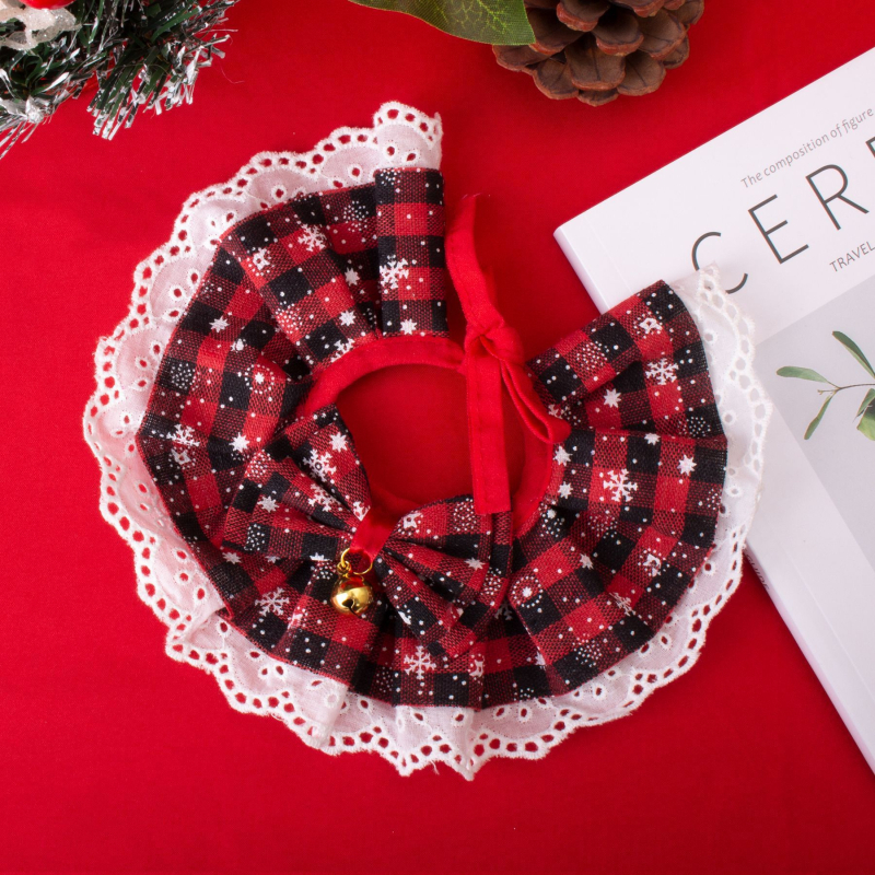 Accesoriu pentru animale de companie: Papion-bib de Crăciun cu clopoțel, model pătrățeles, material bumbac-poliester, cosplay dantelat