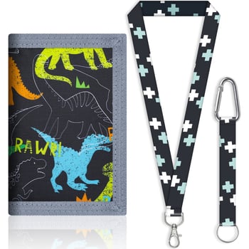 Portofel-curea din canvas poliester, impermeabil, multifuncțional pentru elevi — Tyrannosaurus Rex desen animat, cu trei compartimente pentru carduri
