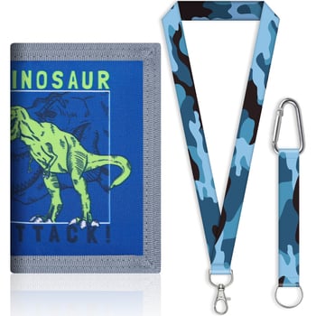 Portofel-curea din canvas poliester, impermeabil, multifuncțional pentru elevi — Tyrannosaurus Rex desen animat, cu trei compartimente pentru carduri