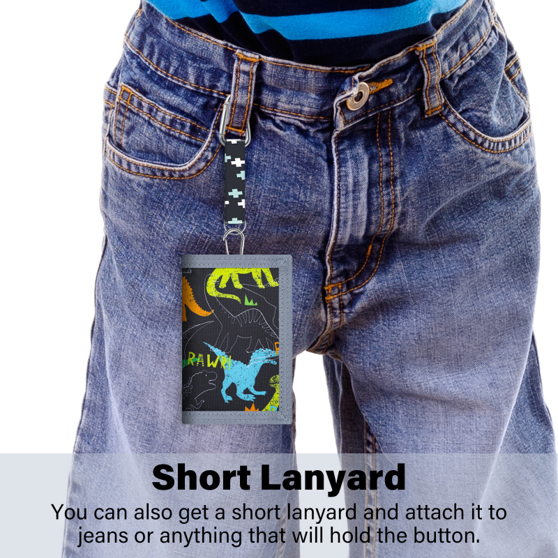 Portofel-curea din canvas poliester, impermeabil, multifuncțional pentru elevi — Tyrannosaurus Rex desen animat, cu trei compartimente pentru carduri