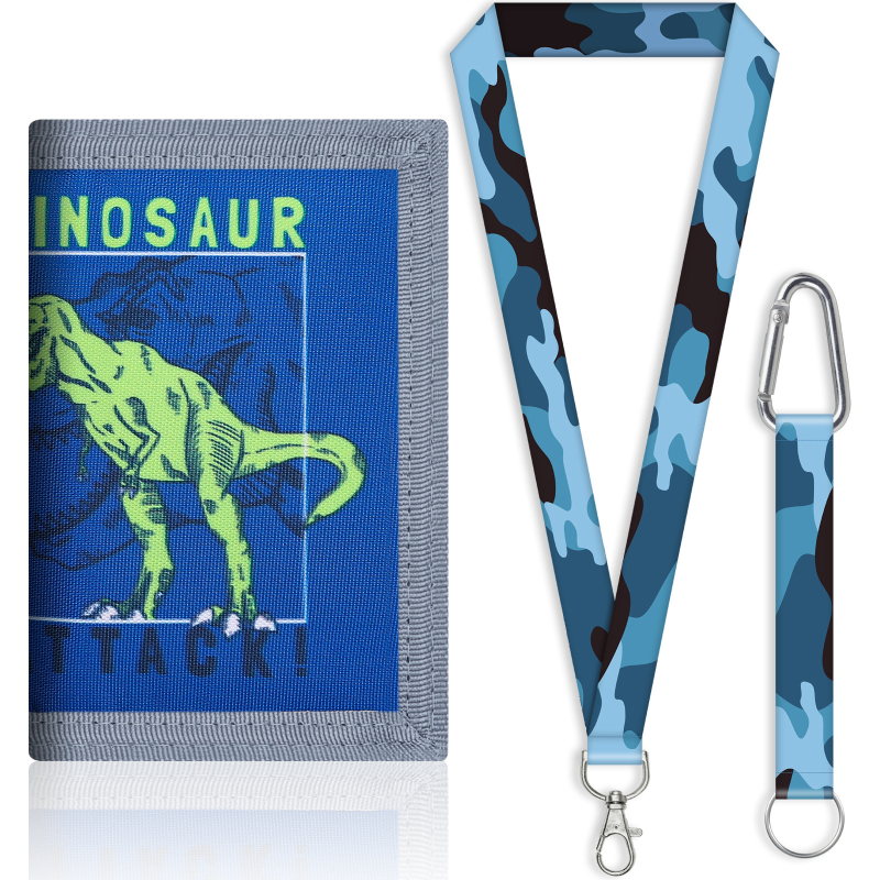 Portofel-curea din canvas poliester, impermeabil, multifuncțional pentru elevi — Tyrannosaurus Rex desen animat, cu trei compartimente pentru carduri