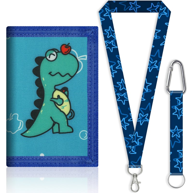 Portofel-curea din canvas poliester, impermeabil, multifuncțional pentru elevi — Tyrannosaurus Rex desen animat, cu trei compartimente pentru carduri