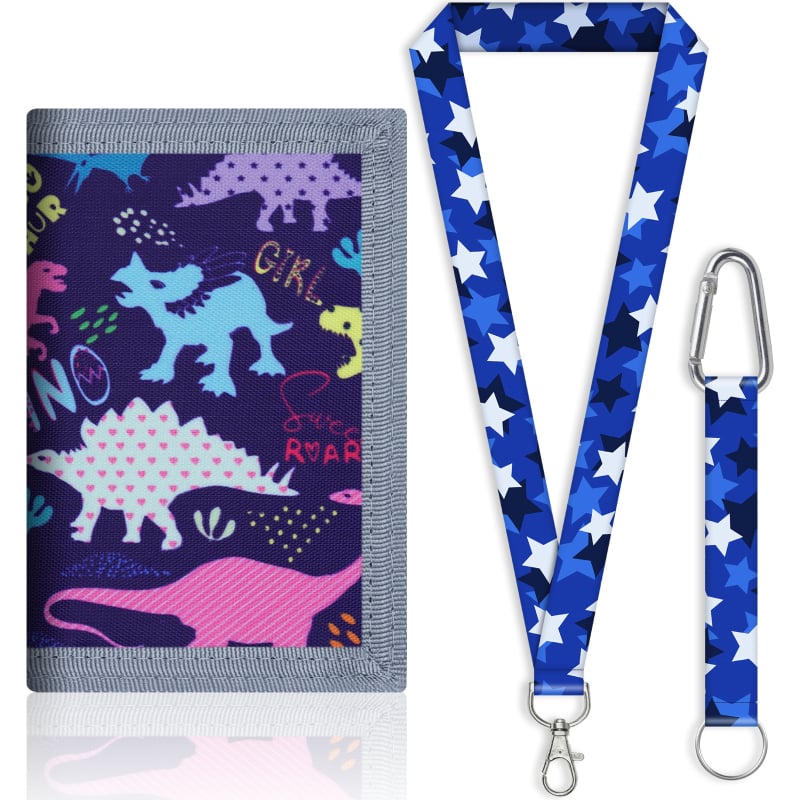 Portofel-curea din canvas poliester, impermeabil, multifuncțional pentru elevi — Tyrannosaurus Rex desen animat, cu trei compartimente pentru carduri