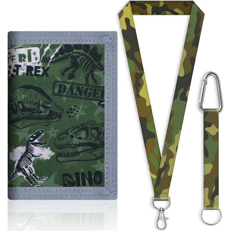 Portofel-curea din canvas poliester, impermeabil, multifuncțional pentru elevi — Tyrannosaurus Rex desen animat, cu trei compartimente pentru carduri