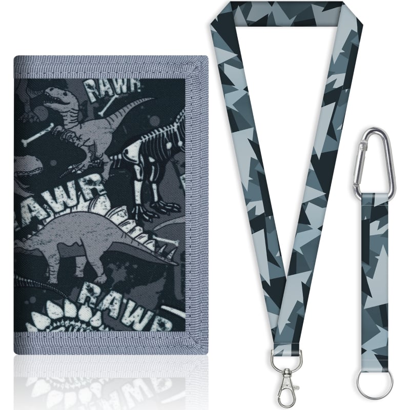 Portofel-curea din canvas poliester, impermeabil, multifuncțional pentru elevi — Tyrannosaurus Rex desen animat, cu trei compartimente pentru carduri