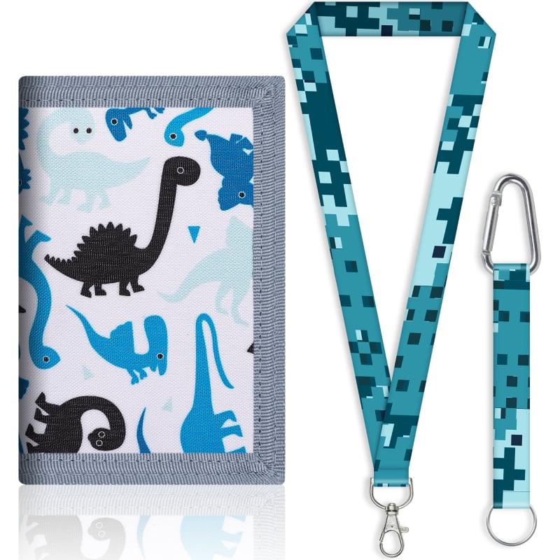 Portofel-curea din canvas poliester, impermeabil, multifuncțional pentru elevi — Tyrannosaurus Rex desen animat, cu trei compartimente pentru carduri