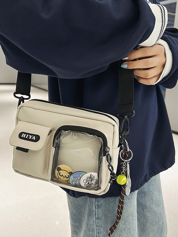 Férfi keresztpántos válltáska – nylon, vízálló, fiatalos campus stílus, betűs minta, poliészter bélés