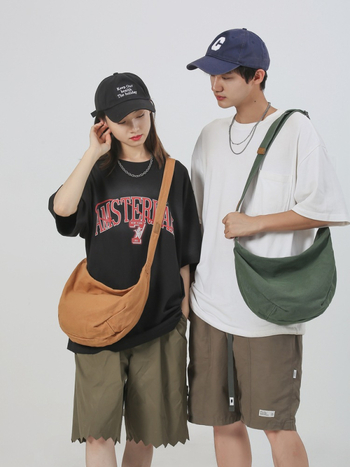 Geantă din pânză, stil Dumpling, geantă de umăr casual cu fermoar, căptușeală poliester, buzunar interior cu fermoar