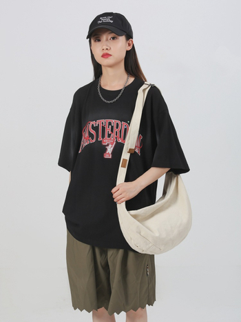 Geantă din pânză, stil Dumpling, geantă de umăr casual cu fermoar, căptușeală poliester, buzunar interior cu fermoar