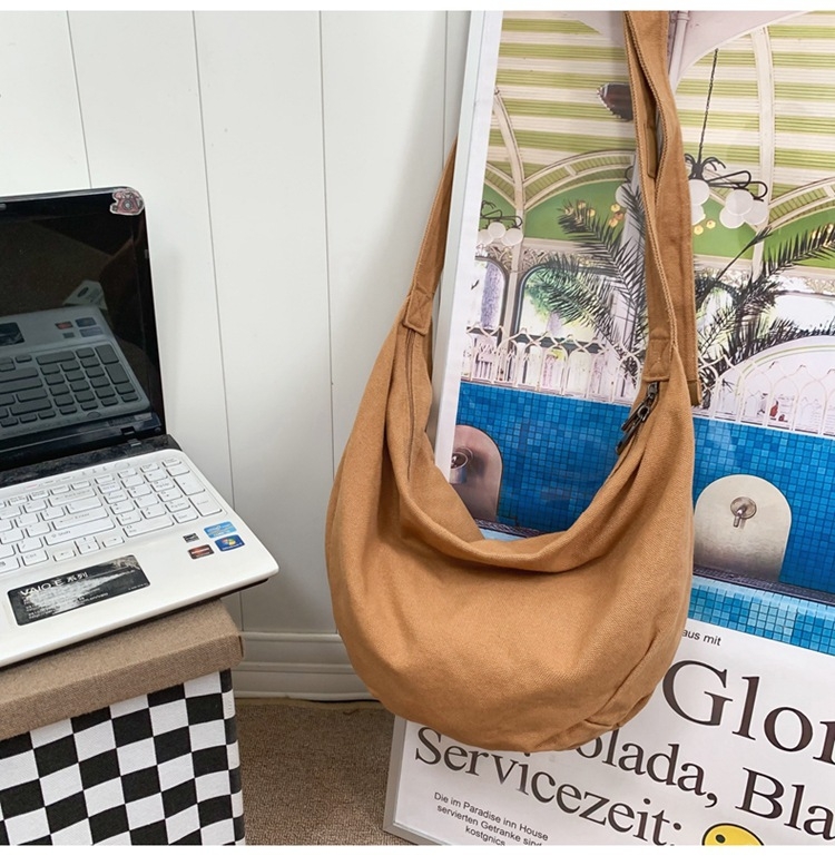 Geantă din pânză, stil Dumpling, geantă de umăr casual cu fermoar, căptușeală poliester, buzunar interior cu fermoar